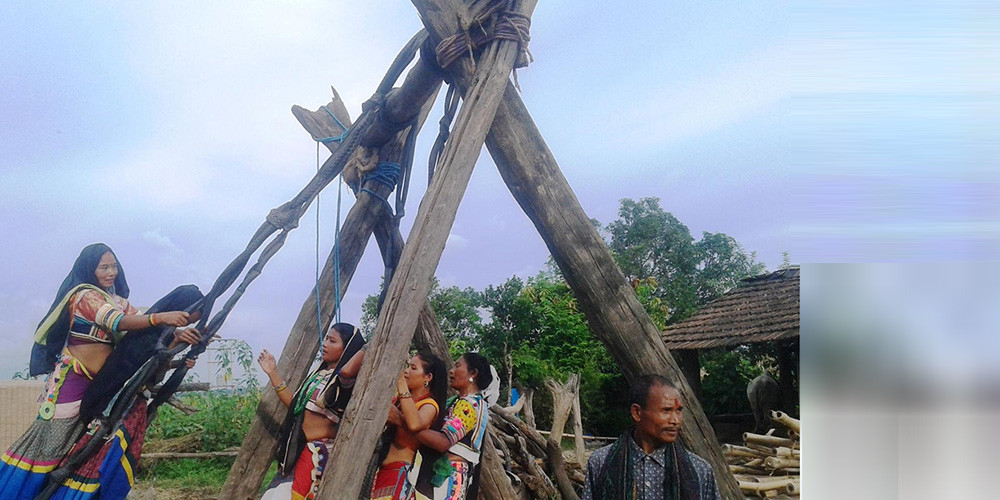 सावनको डोलामा पिङ खेल्दै राना थारु गाउँका दिदीबहिनी