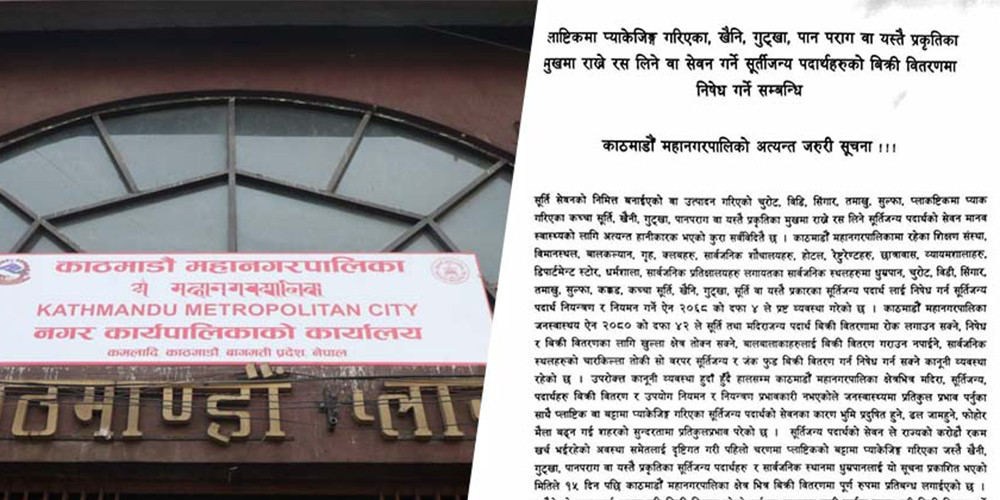 काठमाडौँ महानगरपालिकामा सुर्तीजन्य पदार्थ बिक्रीमा प्रतिबन्ध